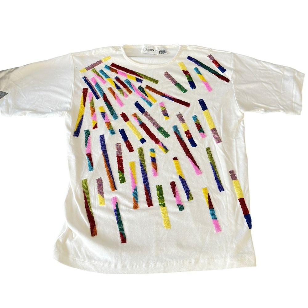 Cedars Vintage 90s White Sequin Beaded Abstract T-Shirt Womens M Oversized JS